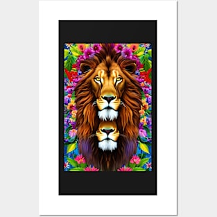 Colorful Lion with flowers surrealist impressionist style Chambala paradise Posters and Art